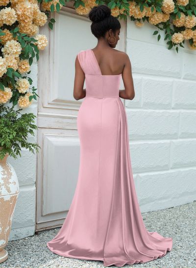 Sheath/Column One-Shoulder Sweep Train Silk Like Satin Bridesmaid Dresses With High Split