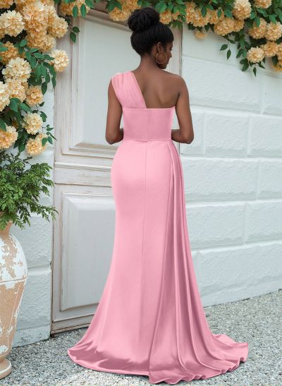 Sheath/Column One-Shoulder Sweep Train Silk Like Satin Bridesmaid Dresses With High Split
