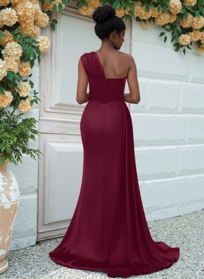 Sheath/Column One-Shoulder Sweep Train Silk Like Satin Bridesmaid Dresses With High Split
