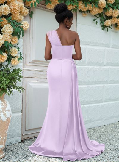 Sheath/Column One-Shoulder Sweep Train Silk Like Satin Bridesmaid Dresses With High Split