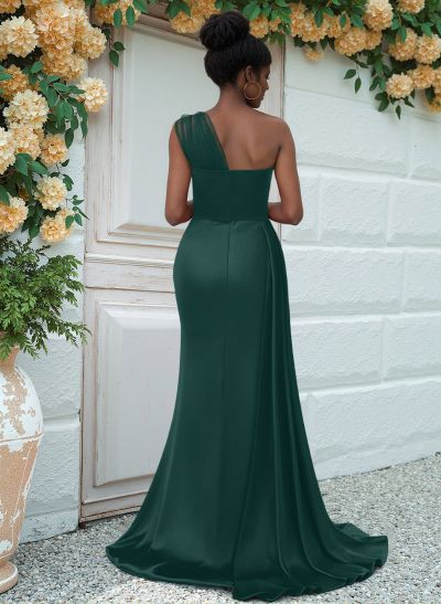 Sheath/Column One-Shoulder Sweep Train Silk Like Satin Bridesmaid Dresses With High Split