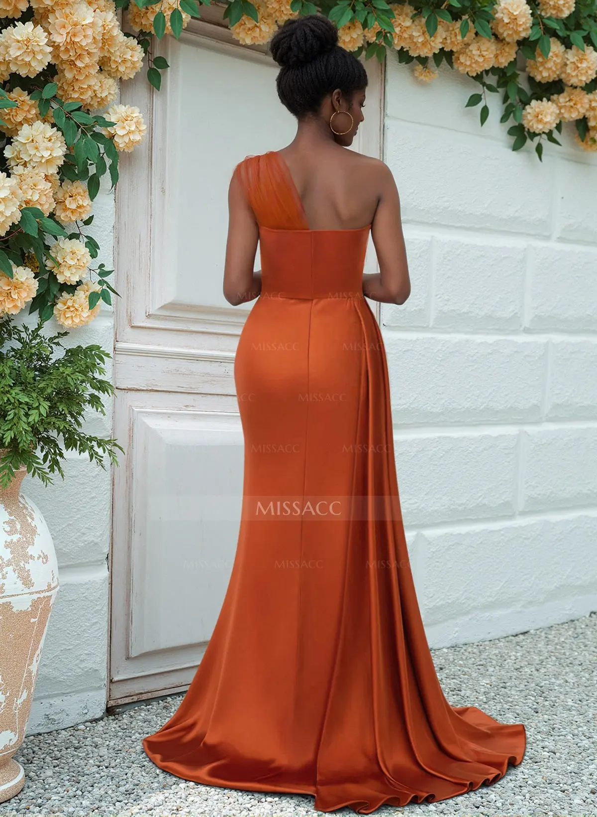 Sheath/Column One-Shoulder Sweep Train Silk Like Satin Bridesmaid