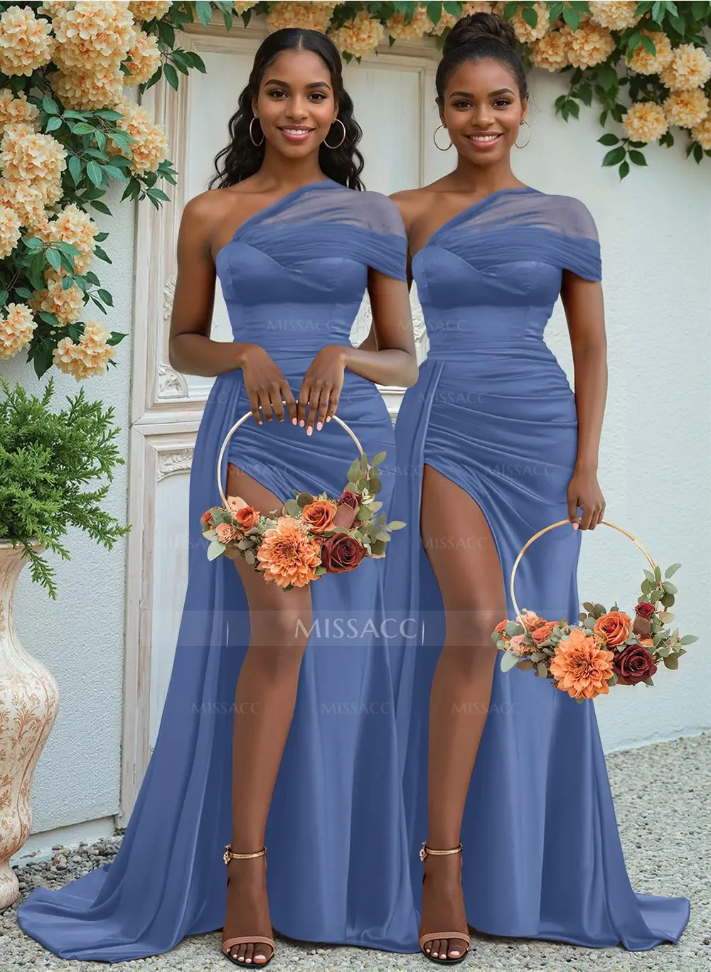 Sheath/Column One-Shoulder Sweep Train Silk Like Satin Bridesmaid Sheath/Column One-Shoulder Sweep Train Silk Like Satin Bridesmaid