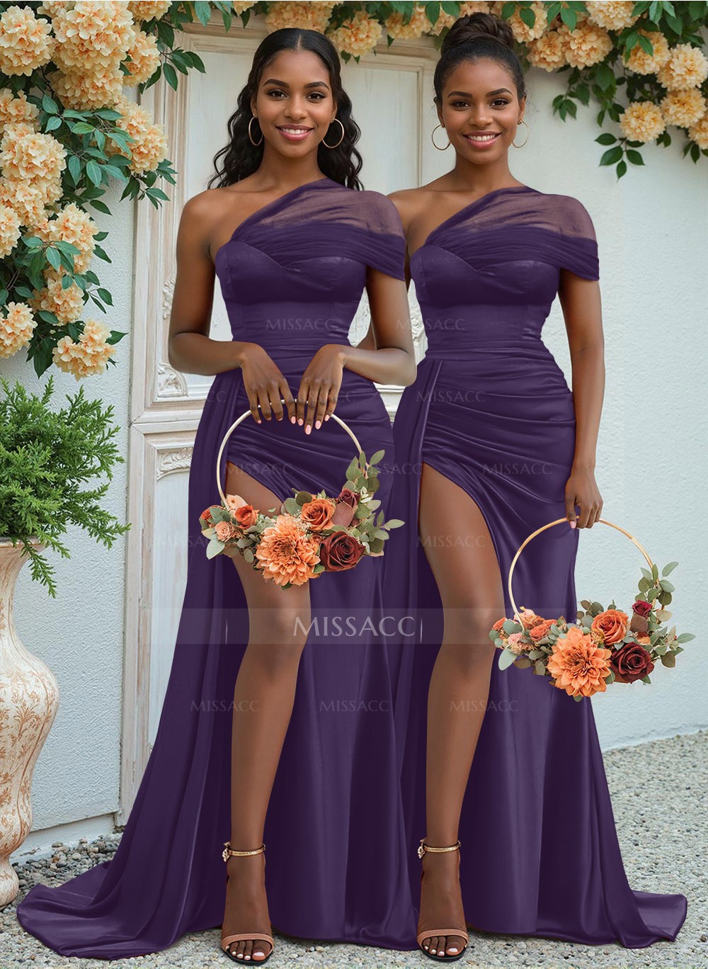 Sheath/Column One-Shoulder Sweep Train Silk Like Satin Bridesmaid Dresses  With High Split - Missacc, image size:1000x1368