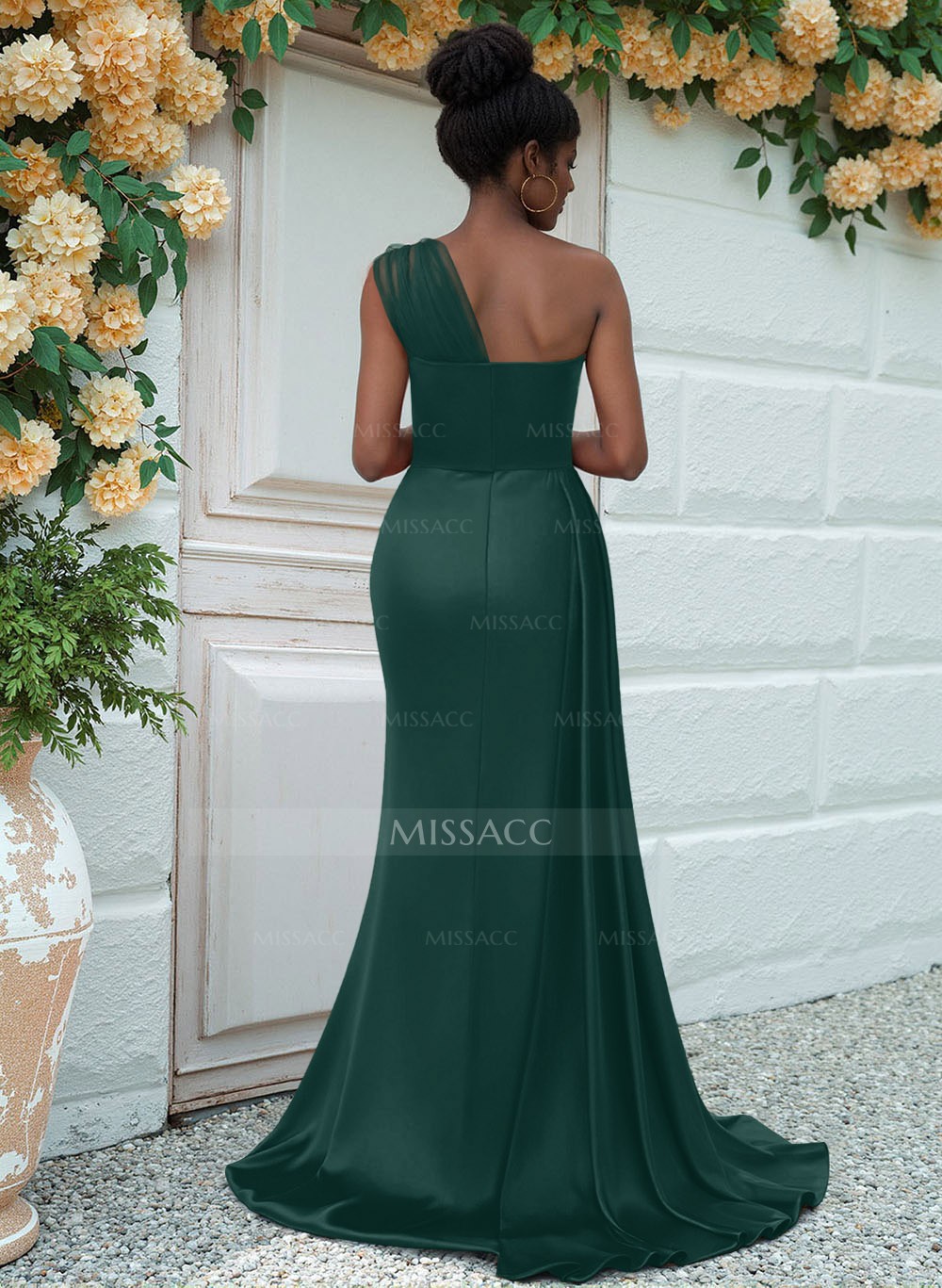 Sheath/Column One-Shoulder Sweep Train Silk Like Satin Bridesmaid Dresses With High Split