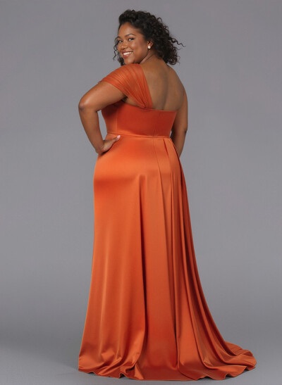 Sheath/Column One-Shoulder Sweep Train Silk Like Satin Bridesmaid Dresses With High Split