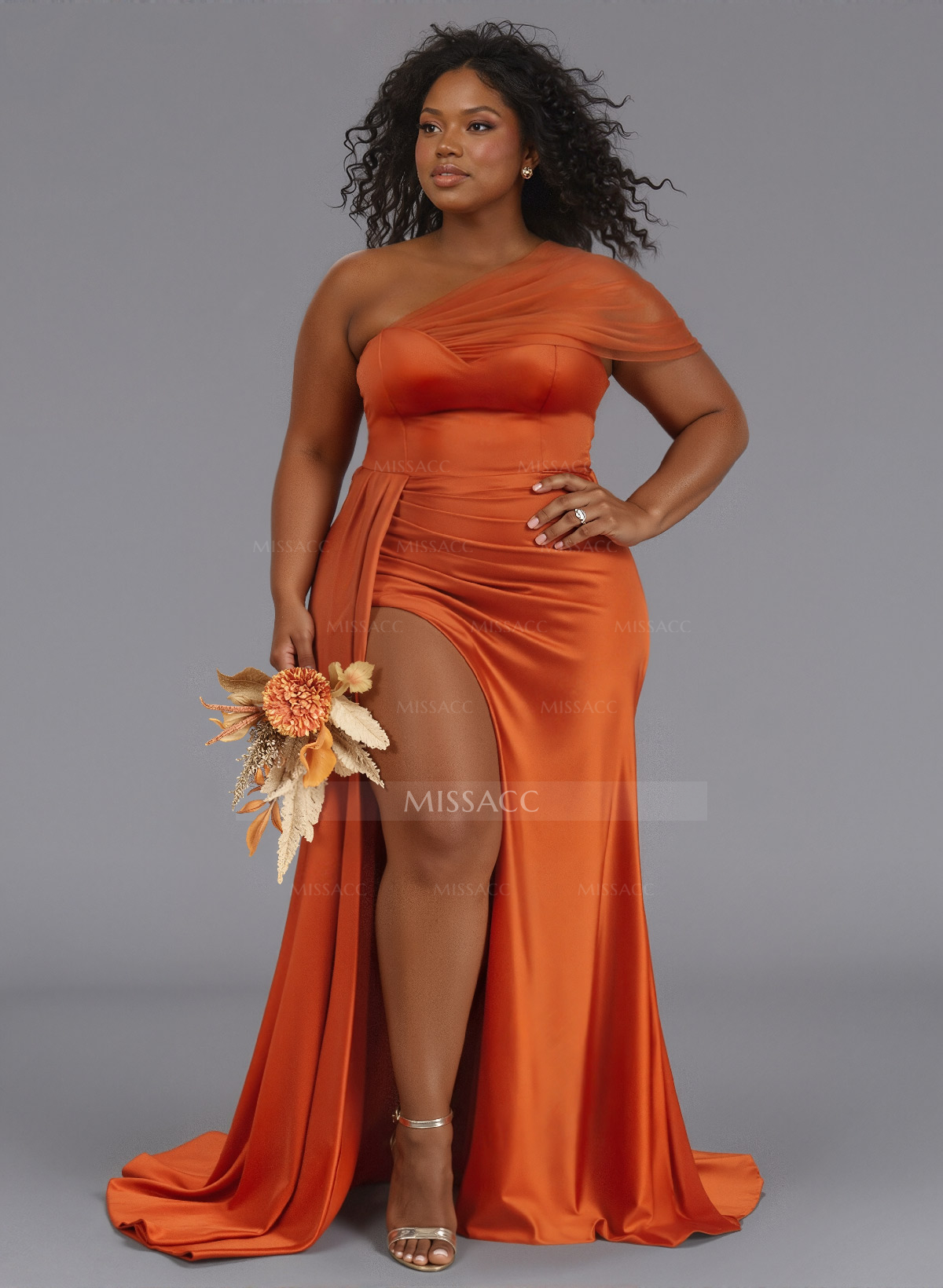 Sheath/Column One-Shoulder Sweep Train Silk Like Satin Bridesmaid Dresses With High Split