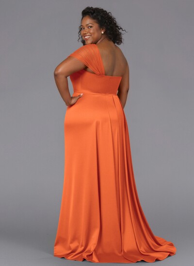 Sheath/Column One-Shoulder Sweep Train Silk Like Satin Bridesmaid Dresses With High Split