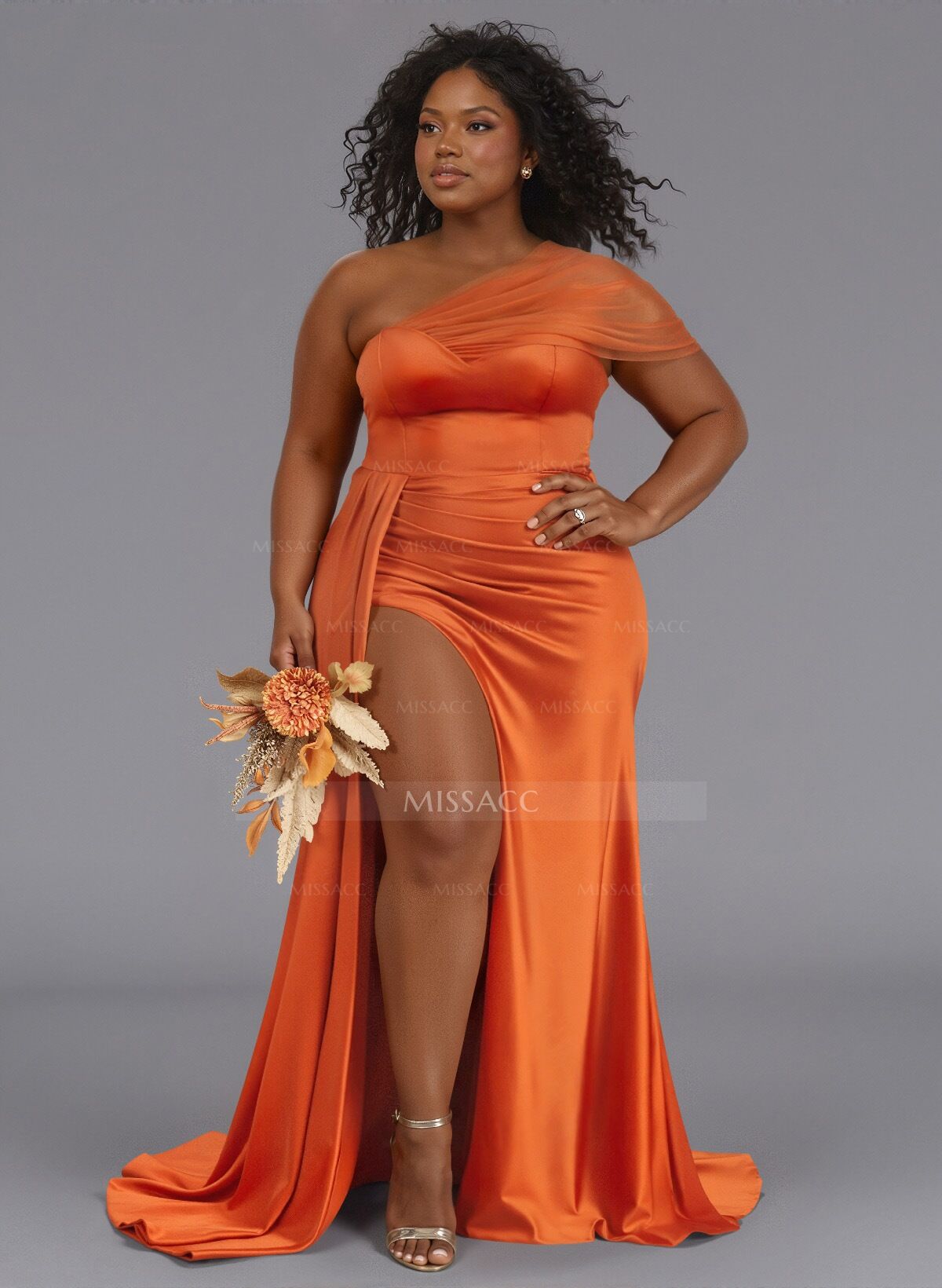 Sheath/Column One-Shoulder Sweep Train Silk Like Satin Bridesmaid Dresses With High Split