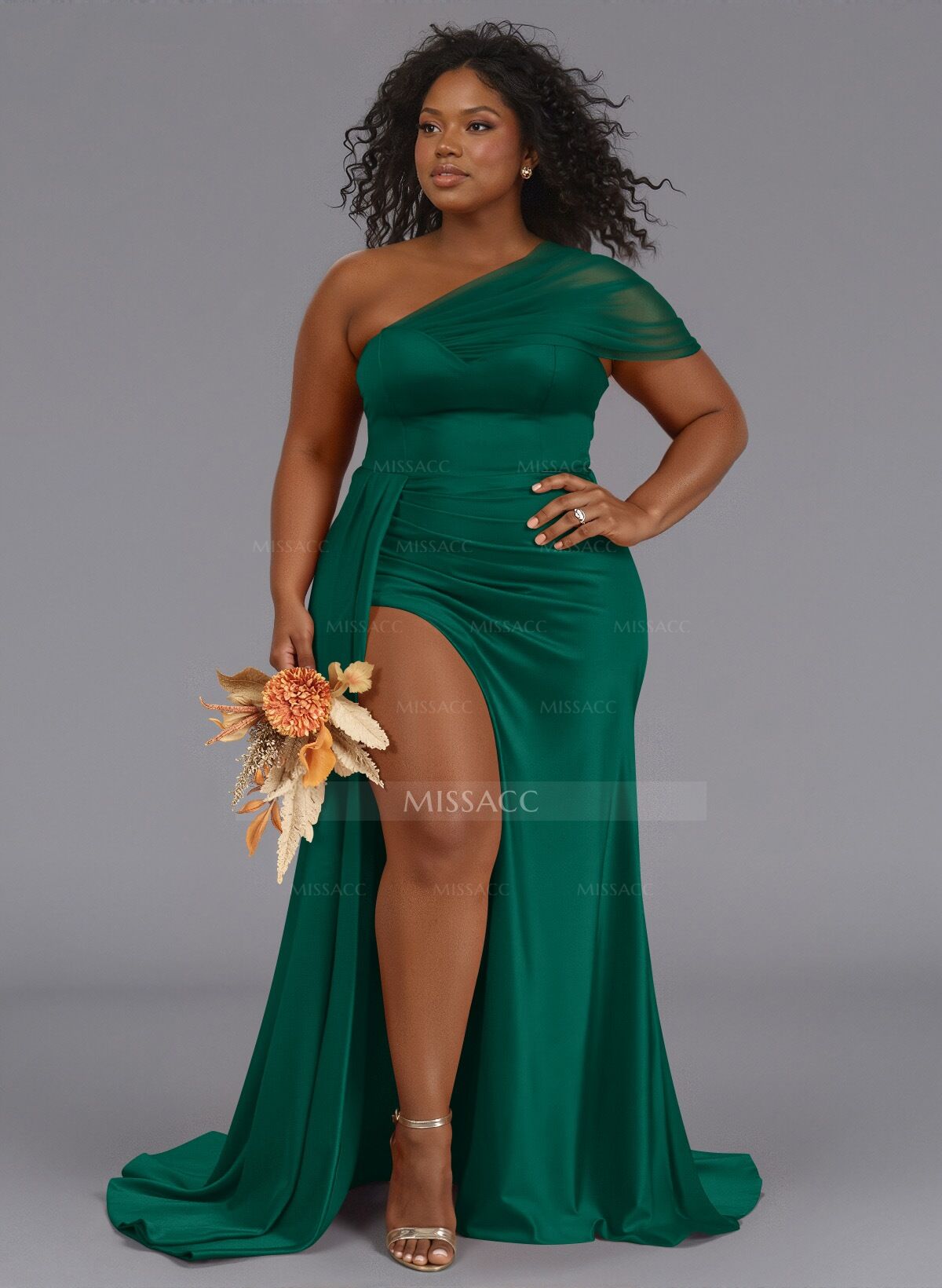 Sheath/Column One-Shoulder Sweep Train Silk Like Satin Bridesmaid Dresses With High Split