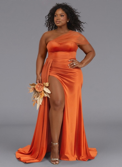 Sheath/Column One-Shoulder Sweep Train Silk Like Satin Bridesmaid Dresses With High Split