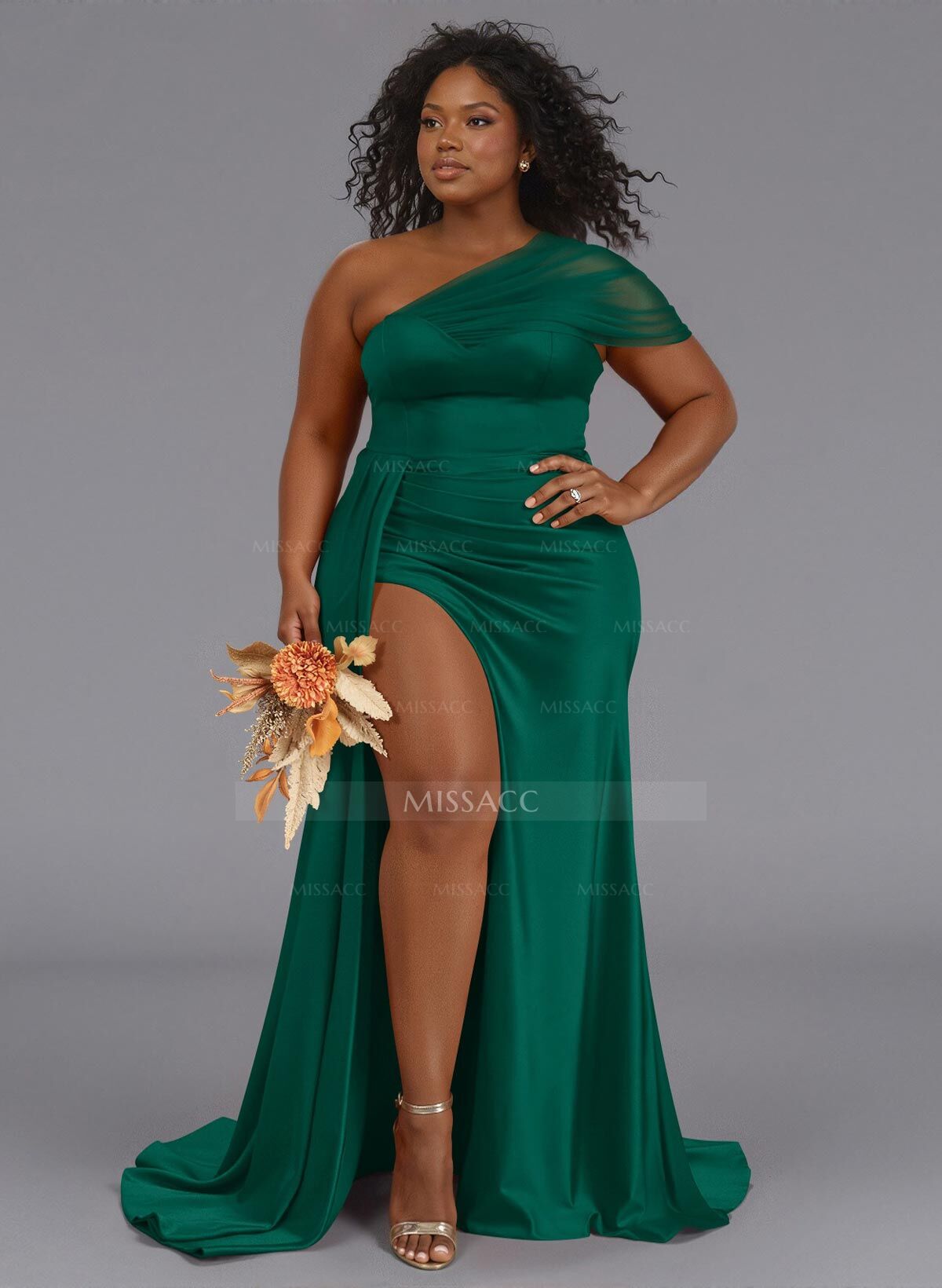 Sheath/Column One-Shoulder Sweep Train Silk Like Satin Bridesmaid Dresses With High Split