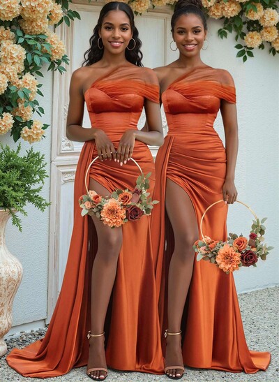 Sheath/Column One-Shoulder Sweep Train Silk Like Satin Bridesmaid Dresses With High Split
