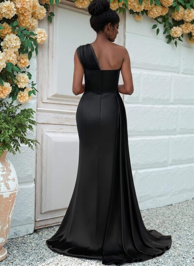 Sheath/Column One-Shoulder Sweep Train Silk Like Satin Bridesmaid Dresses With High Split