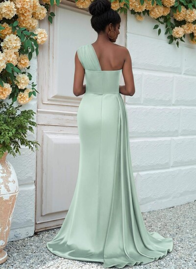 Sheath/Column One-Shoulder Sweep Train Silk Like Satin Bridesmaid Dresses With High Split