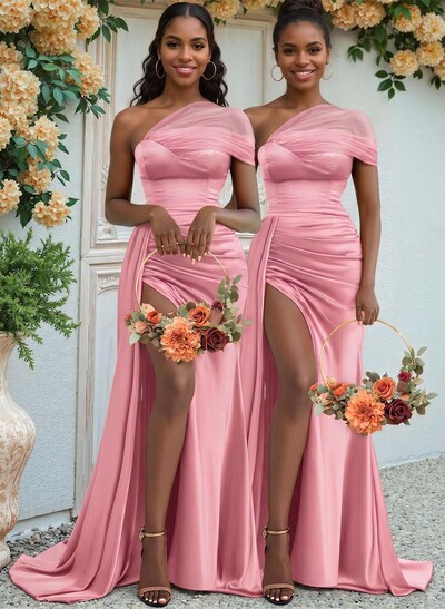 Sheath/Column One-Shoulder Sweep Train Silk Like Satin Bridesmaid Dresses With High Split
