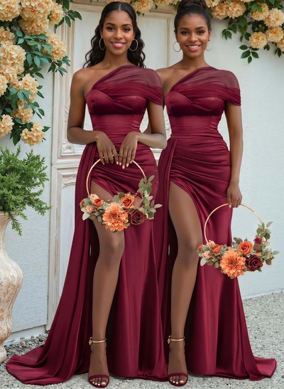 Sheath/Column One-Shoulder Sweep Train Silk Like Satin Bridesmaid Dresses With High Split