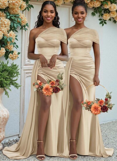 Sheath/Column One-Shoulder Sweep Train Silk Like Satin Bridesmaid Dresses With High Split