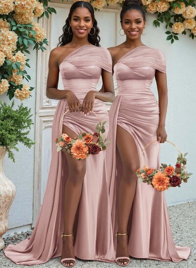 Sheath/Column One-Shoulder Sweep Train Silk Like Satin Bridesmaid Dresses With High Split