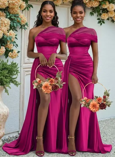 Sheath/Column One-Shoulder Sweep Train Silk Like Satin Bridesmaid