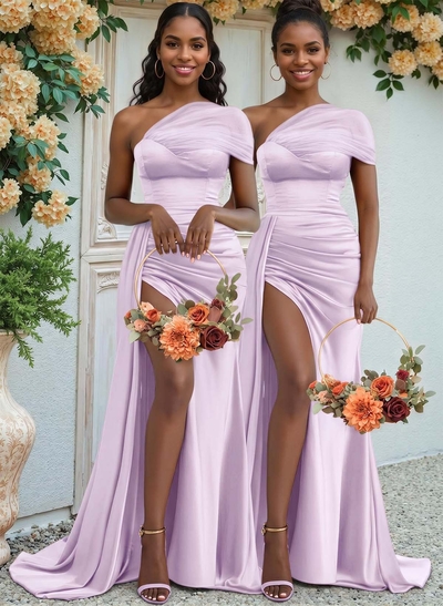 Sheath/Column One-Shoulder Sweep Train Silk Like Satin Bridesmaid Dresses With High Split