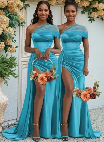 Sheath/Column One-Shoulder Sweep Train Silk Like Satin Bridesmaid