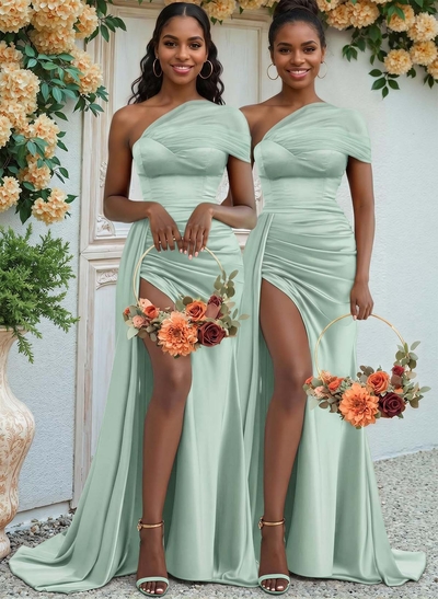 Sheath/Column One-Shoulder Sweep Train Silk Like Satin Bridesmaid Dresses With High Split