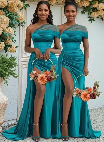 Sheath/Column One-Shoulder Sweep Train Silk Like Satin Bridesmaid