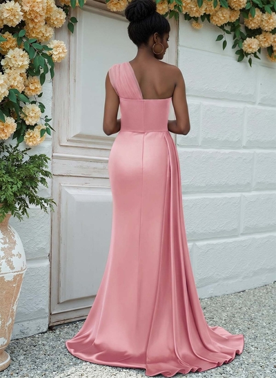 Sheath/Column One-Shoulder Sweep Train Silk Like Satin Bridesmaid Dresses With High Split