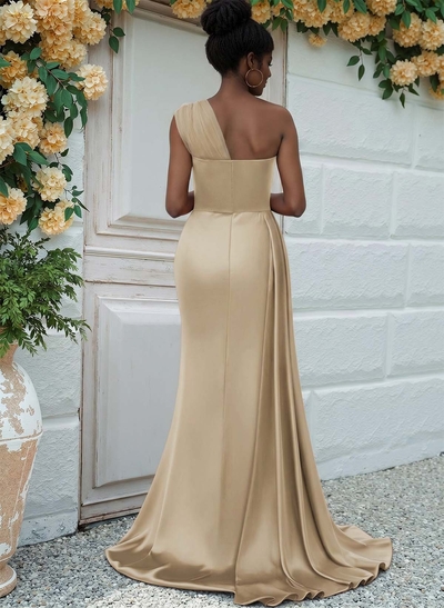 Sheath/Column One-Shoulder Sweep Train Silk Like Satin Bridesmaid Dresses With High Split