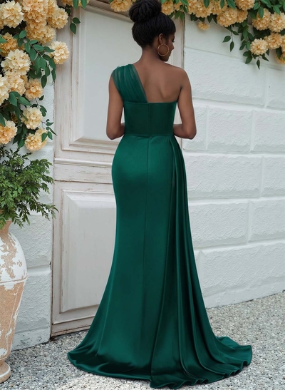 Sheath/Column One-Shoulder Sweep Train Silk Like Satin Bridesmaid Dresses With High Split
