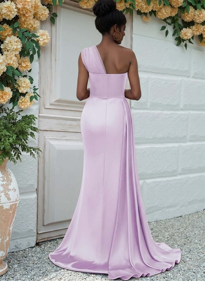 Sheath/Column One-Shoulder Sweep Train Silk Like Satin Bridesmaid Dresses With High Split