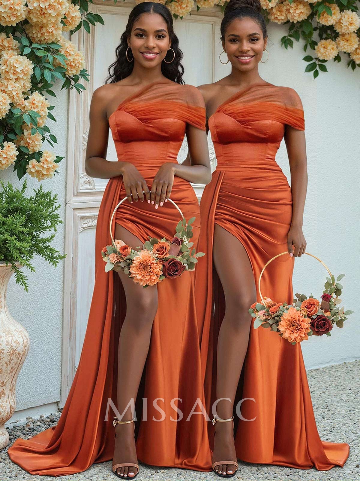 Sheath/Column One-Shoulder Sweep Train Silk Like Satin Bridesmaid Dresses With High Split Sheath/Column One-Shoulder Sweep Train Silk Like Satin Bridesmaid Dresses With High Split