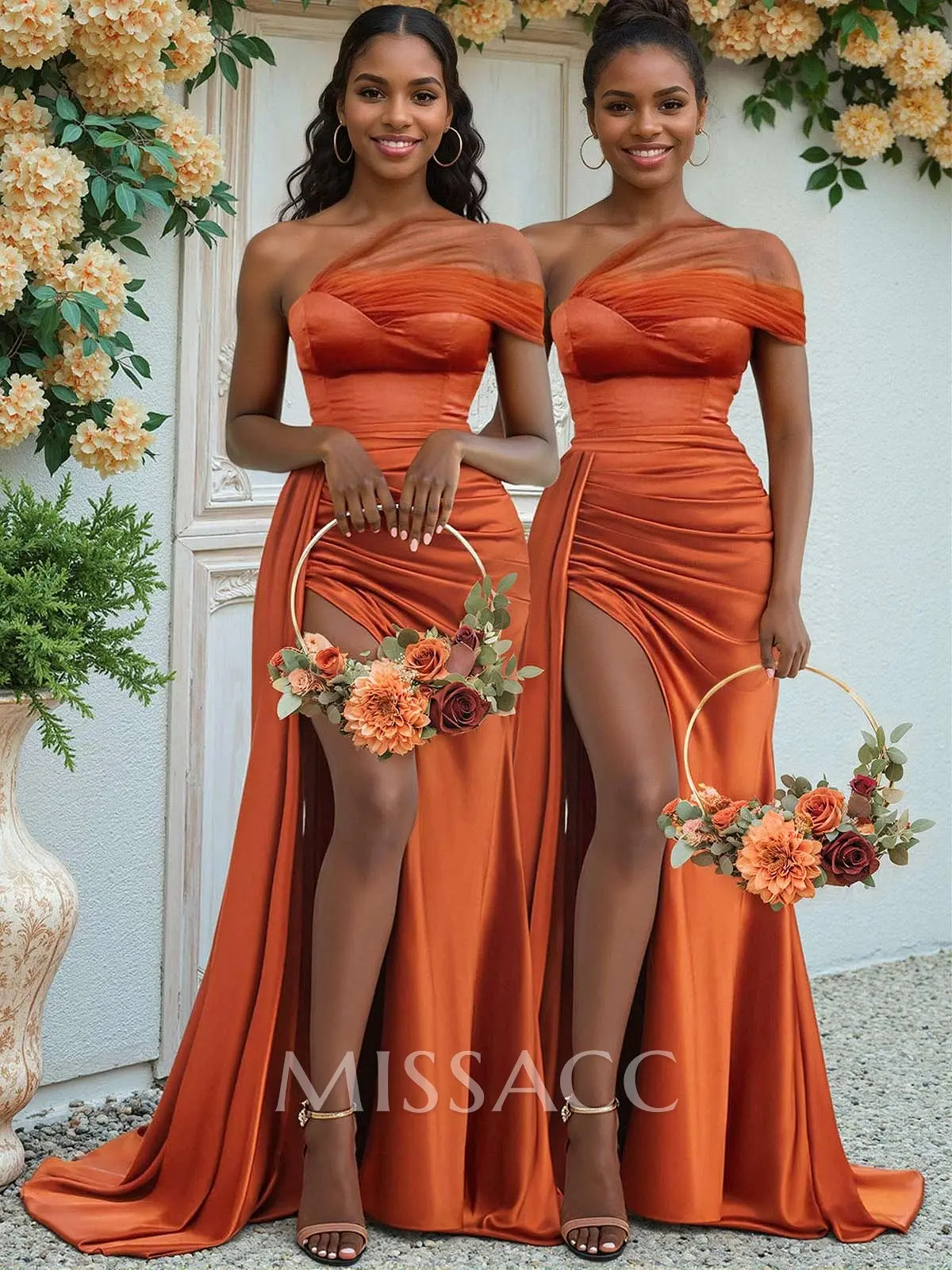 Sheath/Column One-Shoulder Sweep Train Silk Like Satin Bridesmaid Dresses With High Split - Missacc Sheath/Column One-Shoulder Sweep Train Silk Like Satin Bridesmaid Dresses With High Split - Missacc