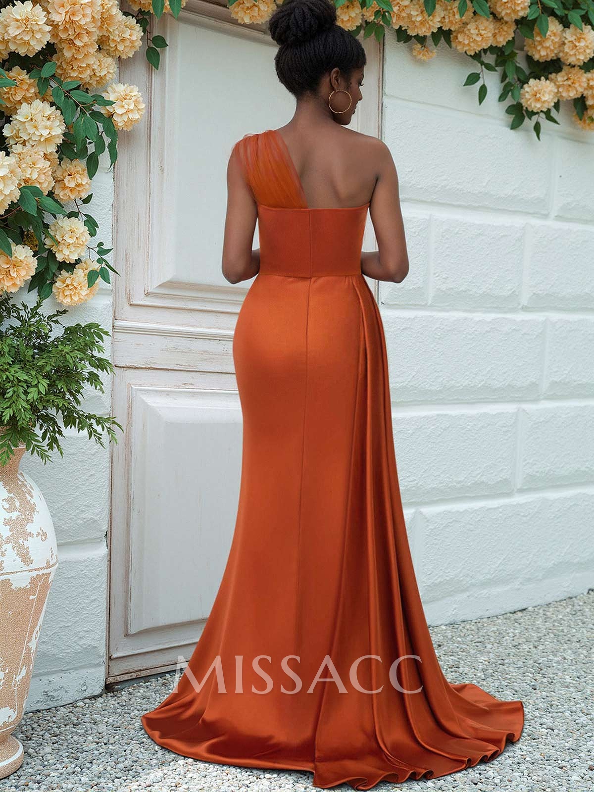 Sheath/Column One-Shoulder Sweep Train Silk Like Satin Bridesmaid Dresses With High Split Sheath/Column One-Shoulder Sweep Train Silk Like Satin Bridesmaid Dresses With High Split