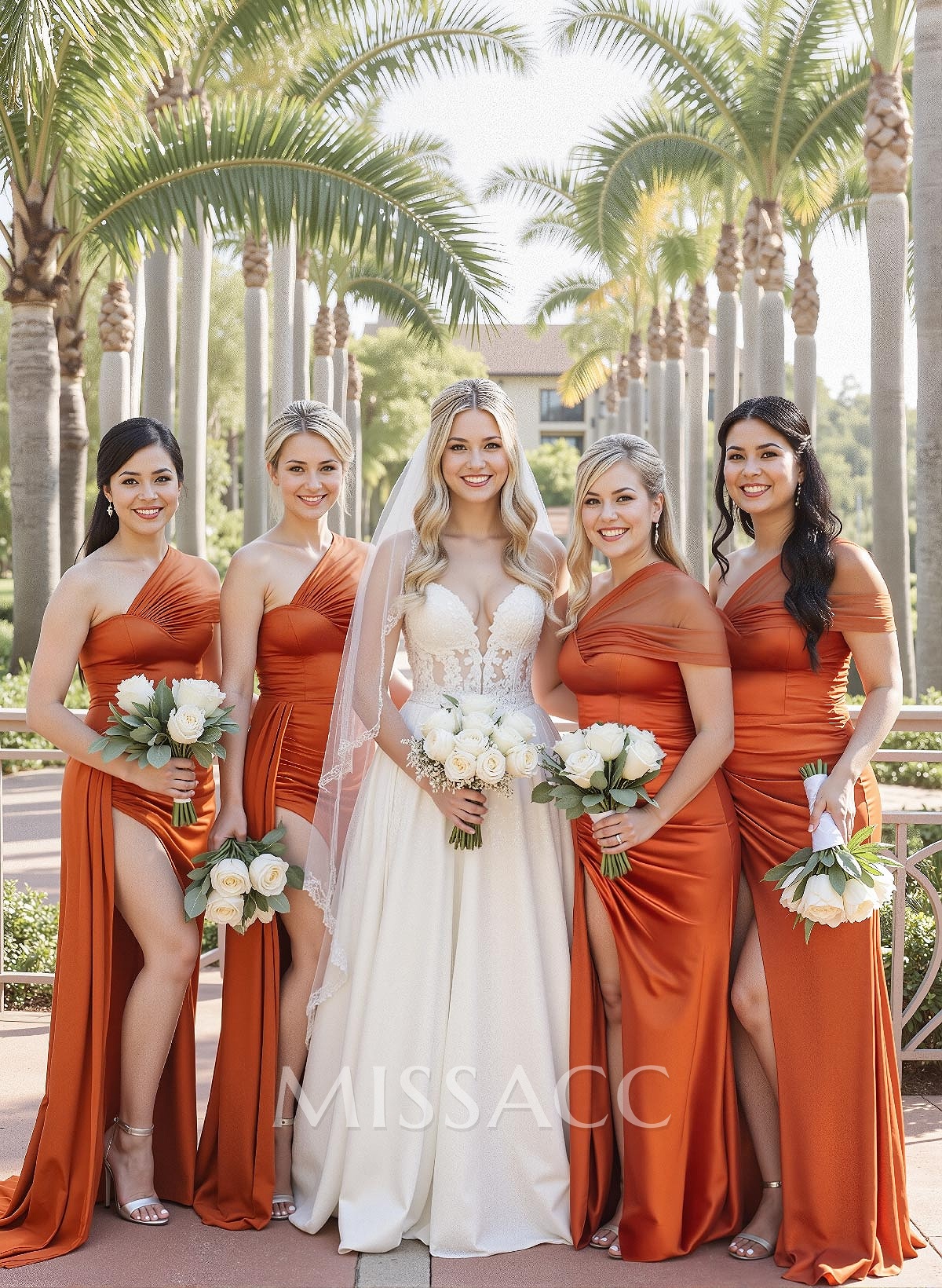 Sheath/Column One-Shoulder Sweep Train Silk Like Satin Bridesmaid Dresses With High Split Sheath/Column One-Shoulder Sweep Train Silk Like Satin Bridesmaid Dresses With High Split