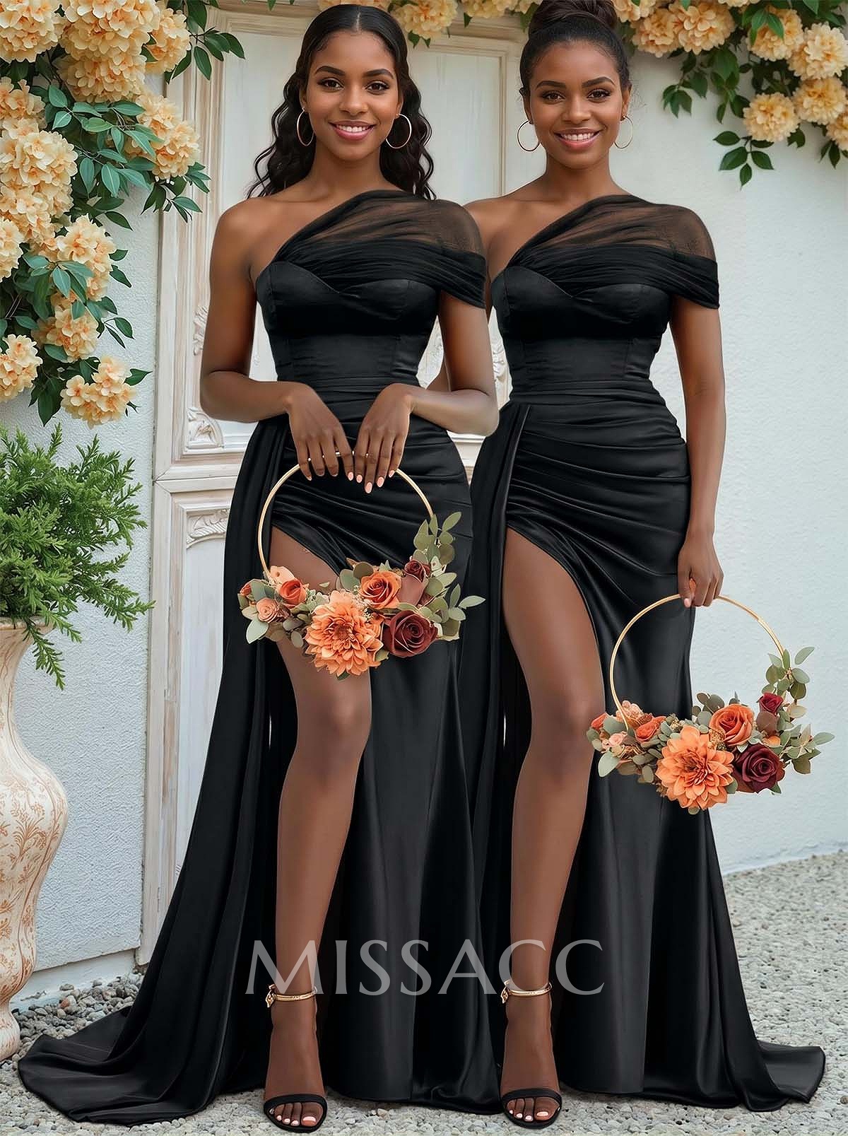 Sheath/Column One-Shoulder Sweep Train Silk Like Satin Bridesmaid Dresses With High Split