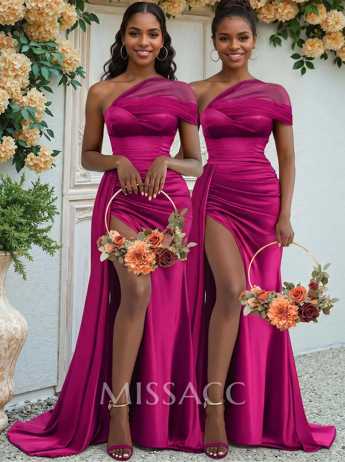 Sheath/Column One-Shoulder Sweep Train Silk Like Satin Bridesmaid