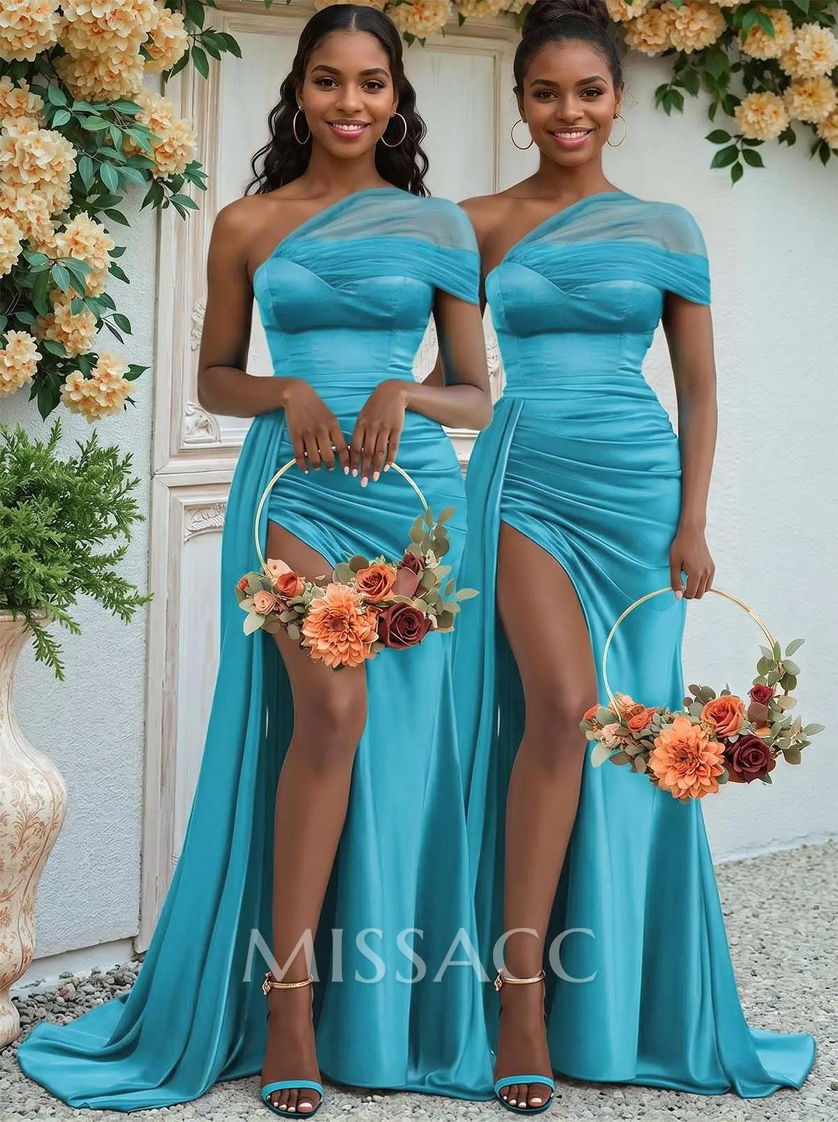 ワンピース MISTREASS Bicolor Strap Camisole Dress Sheath/Column One-Shoulder Sweep Train Silk Like Satin Bridesmaid