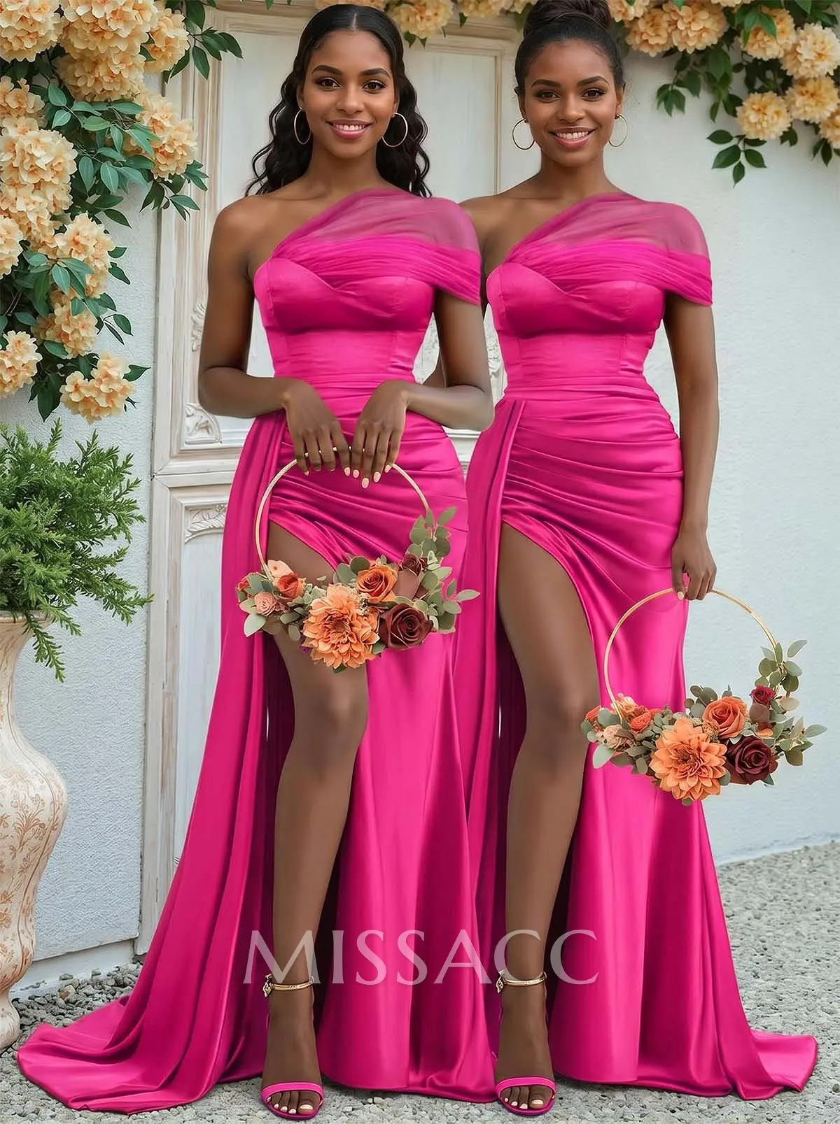 Sheath/Column One-Shoulder Sweep Train Silk Like Satin Bridesmaid