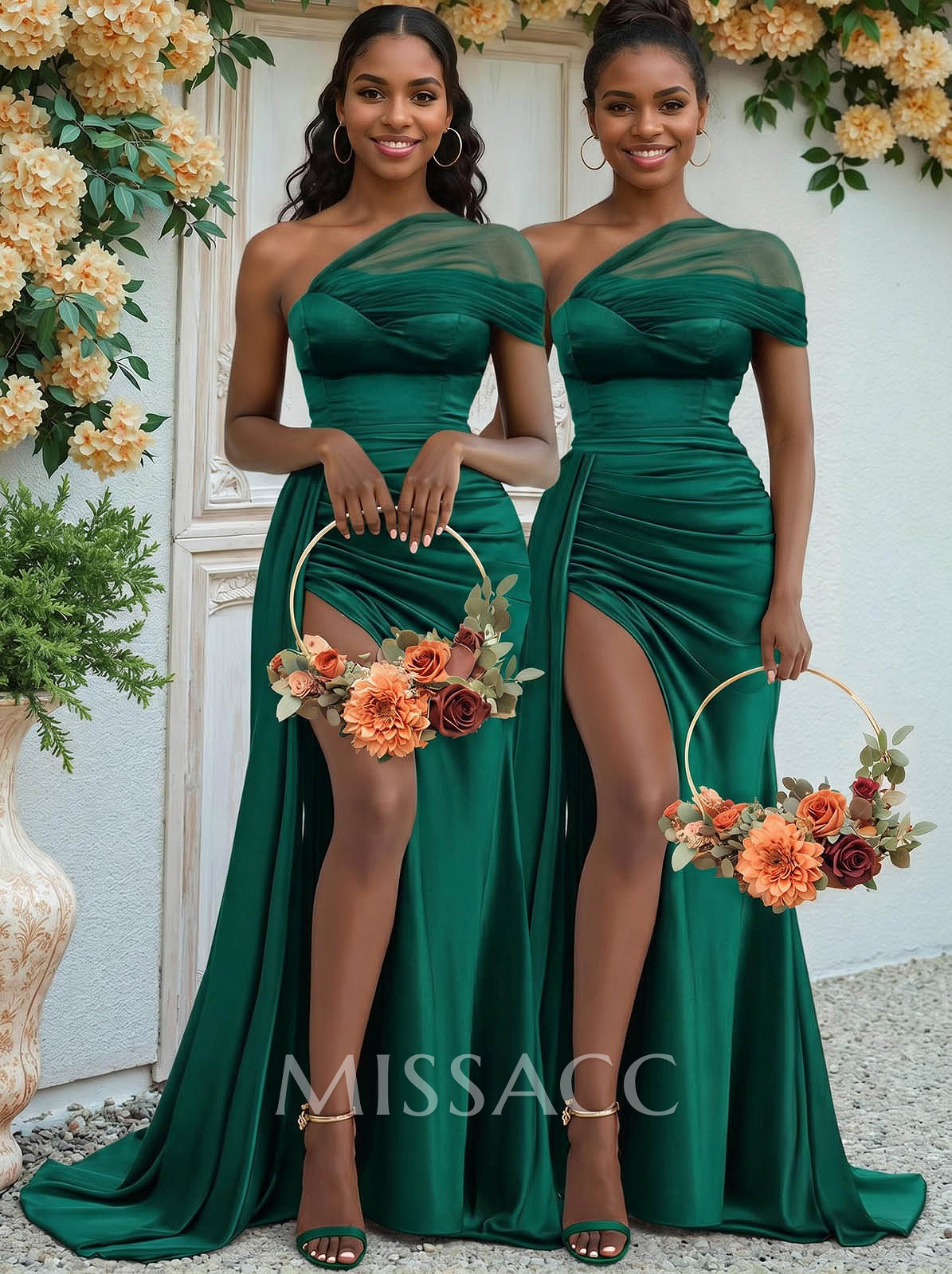 Sheath/Column One-Shoulder Sweep Train Silk Like Satin Bridesmaid Dresses With High Split