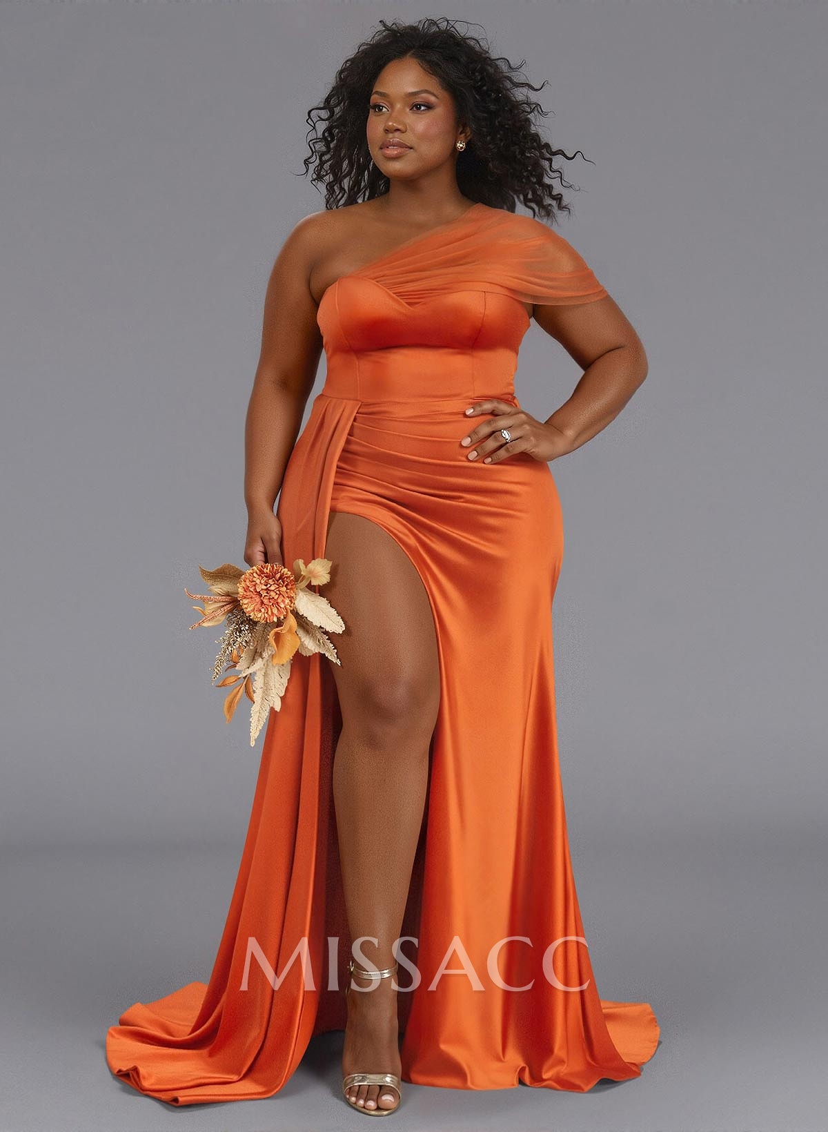 Sheath/Column One-Shoulder Sweep Train Silk Like Satin Bridesmaid Dresses With High Split Sheath/Column One-Shoulder Sweep Train Silk Like Satin Bridesmaid Dresses With High Split