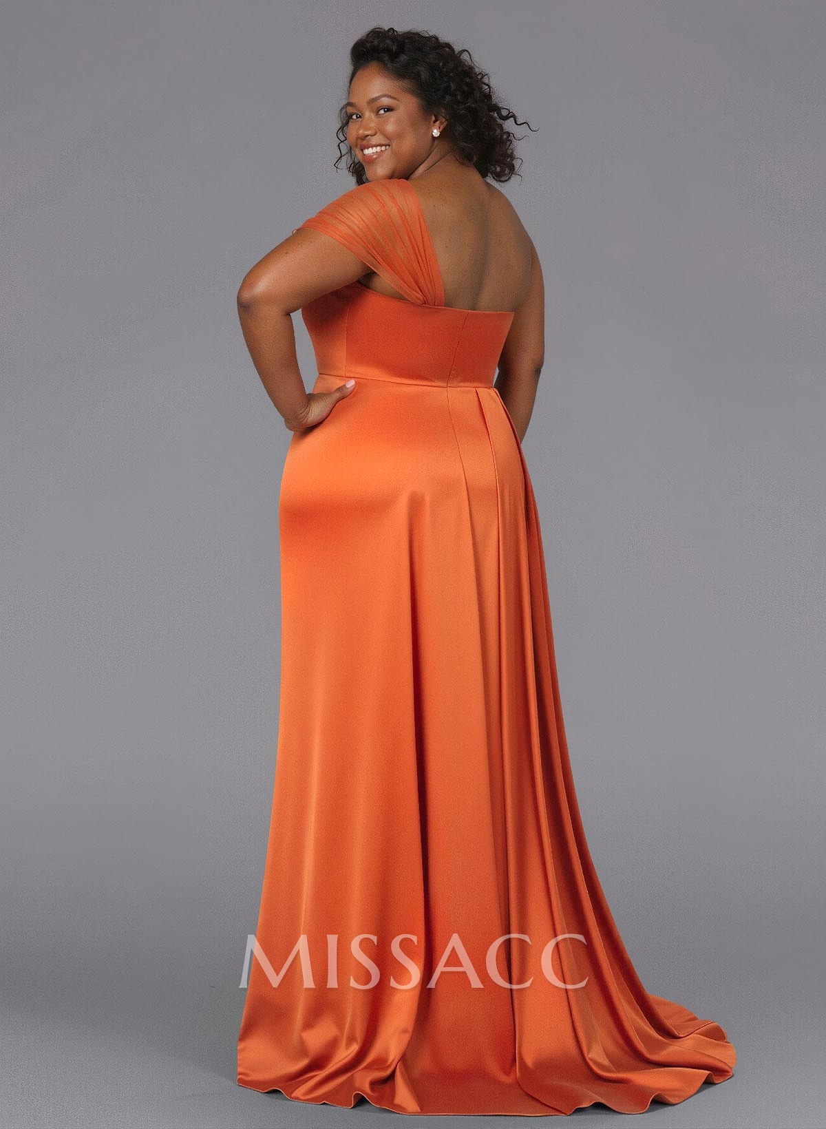 Sheath/Column One-Shoulder Sweep Train Silk Like Satin Bridesmaid Dresses With High Split Sheath/Column One-Shoulder Sweep Train Silk Like Satin Bridesmaid Dresses With High Split