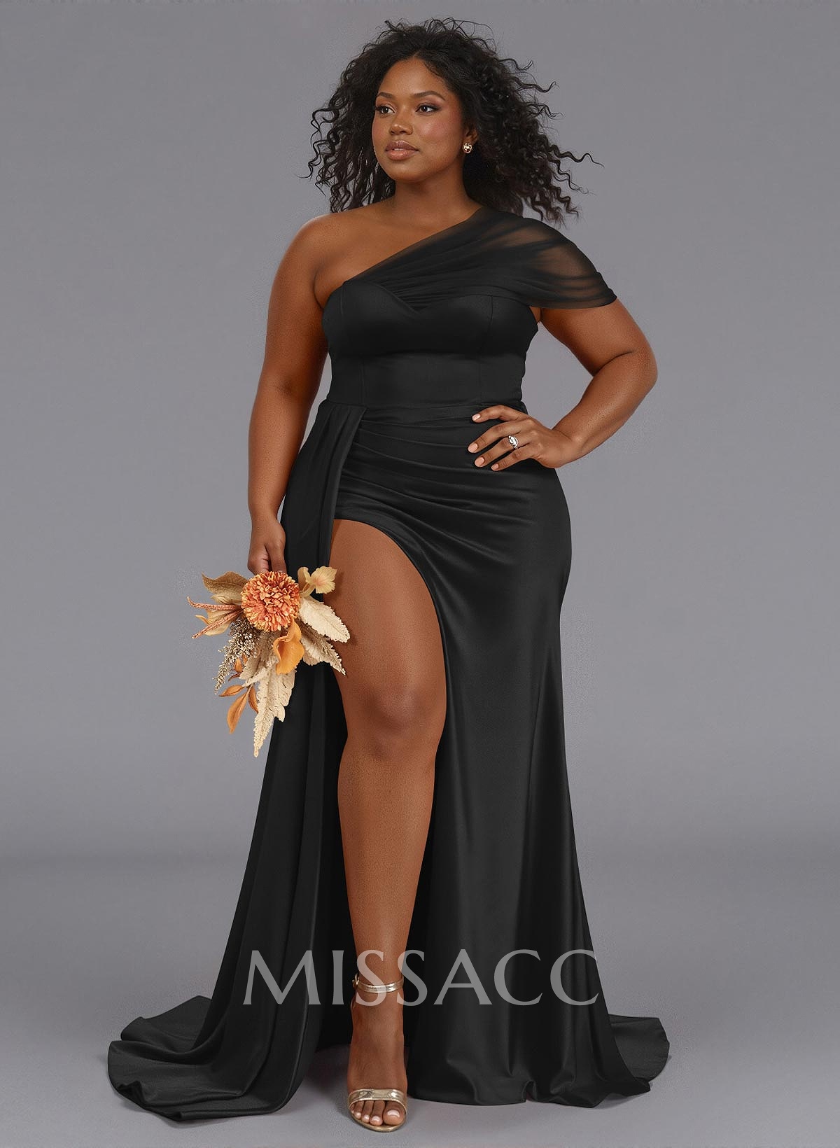 Sheath/Column One-Shoulder Sweep Train Silk Like Satin Bridesmaid Dresses With High Split