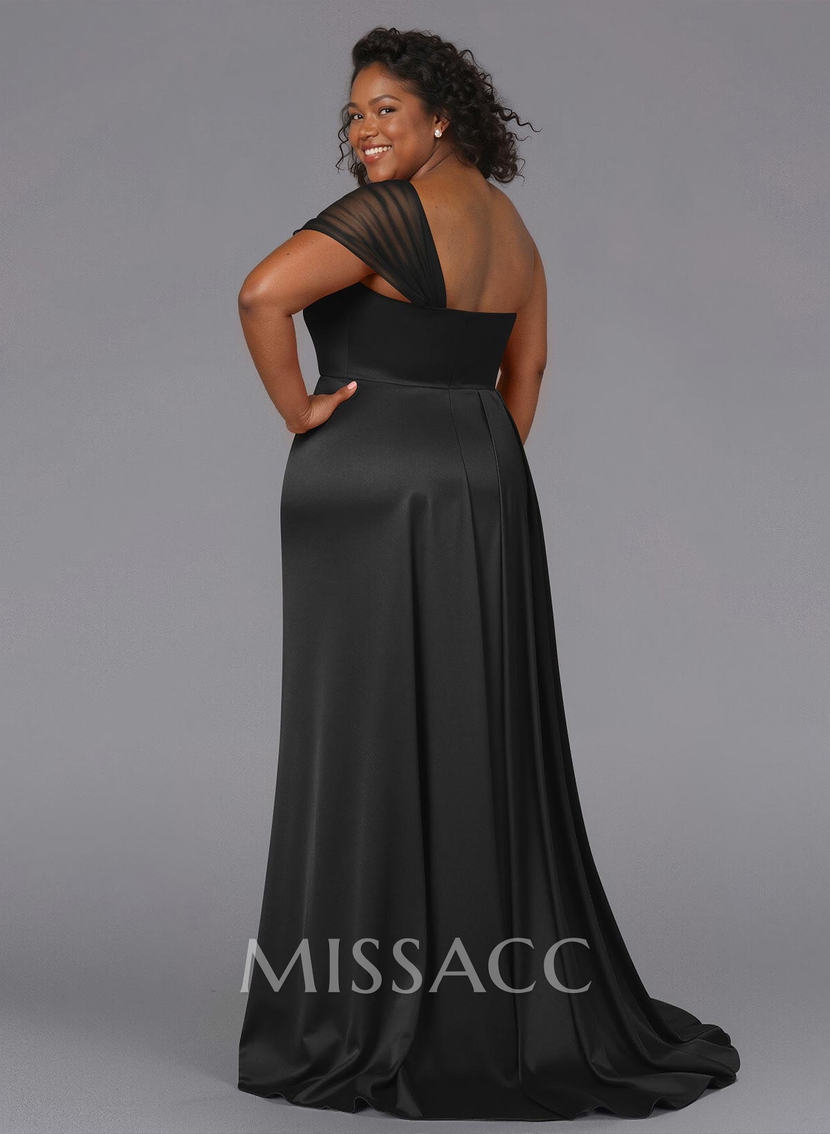 Sheath/Column One-Shoulder Sweep Train Silk Like Satin Bridesmaid Dresses With High Split