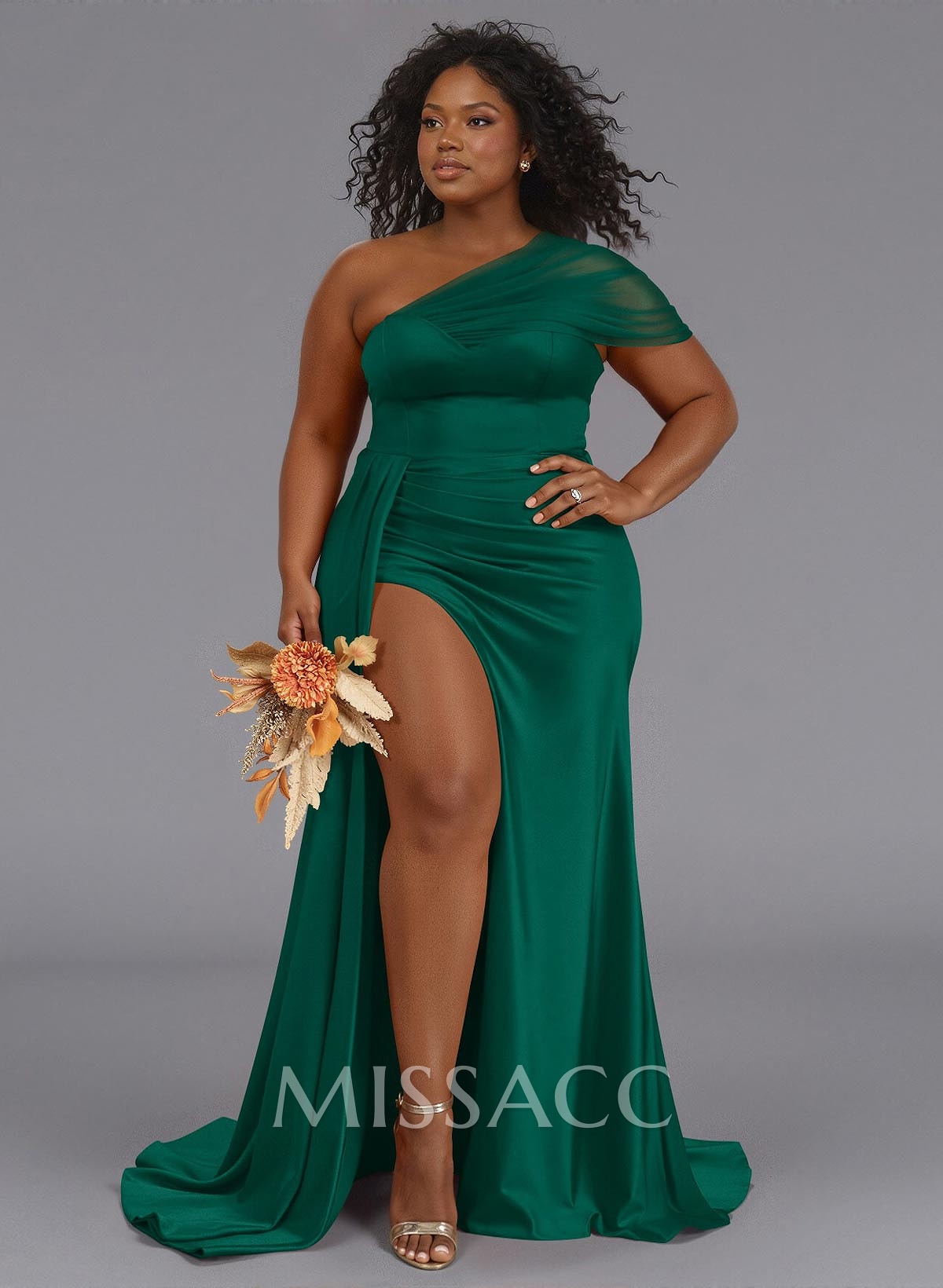 Sheath/Column One-Shoulder Sweep Train Silk Like Satin Bridesmaid Dresses With High Split