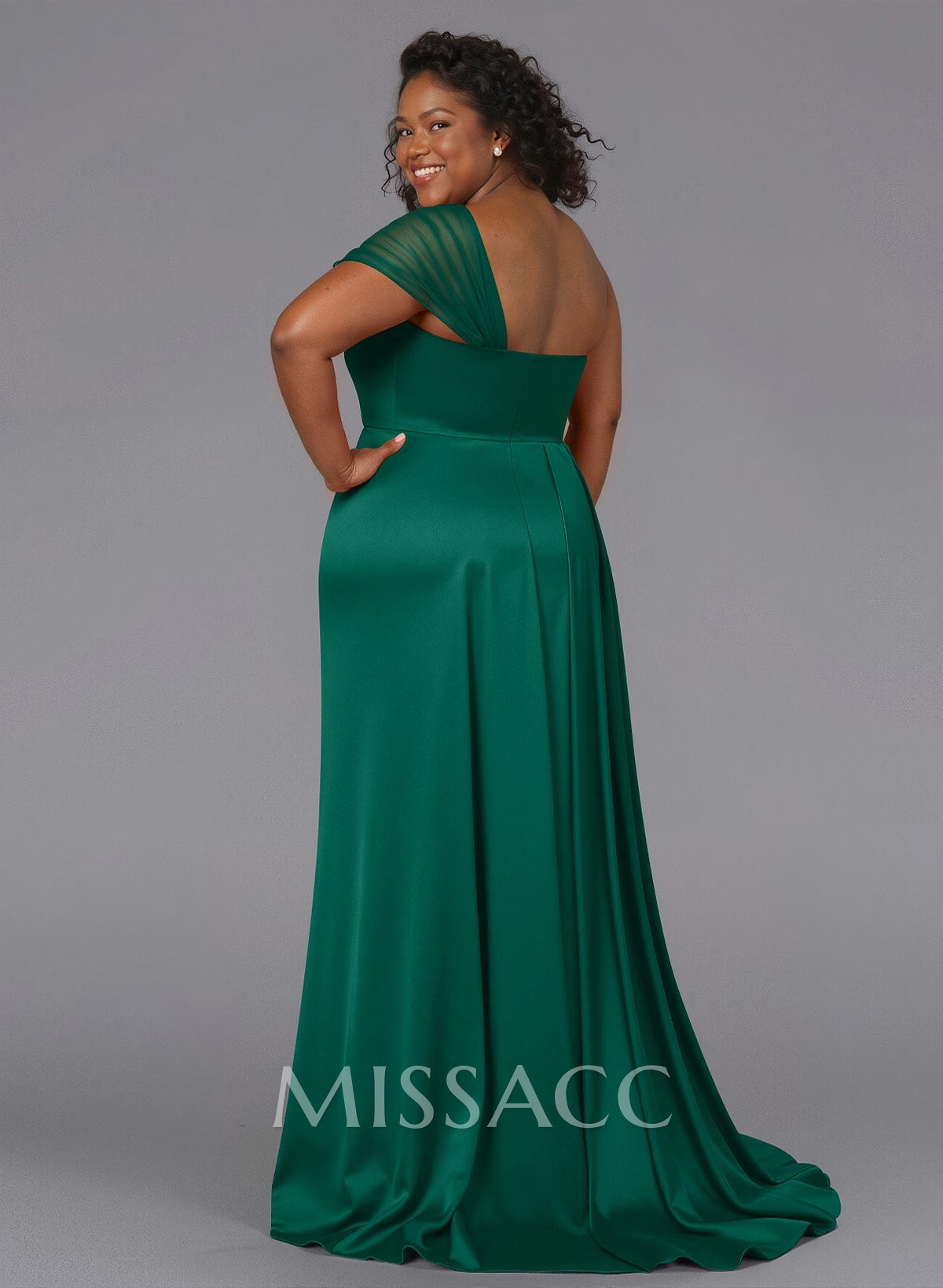 Sheath/Column One-Shoulder Sweep Train Silk Like Satin Bridesmaid Dresses With High Split