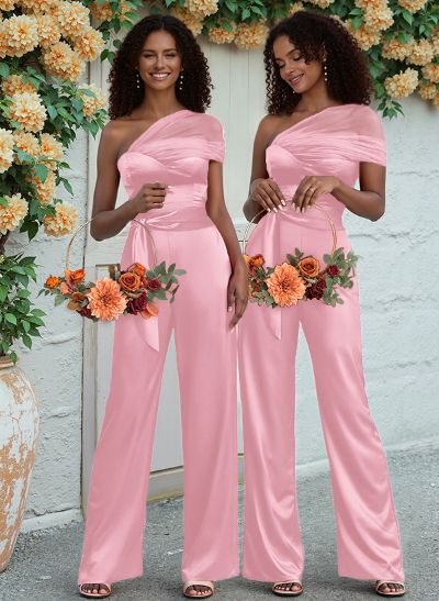 Jumpsuit/Pantsuit One-Shoulder Floor-Length Silk Like Satin Bridesmaid Dresses