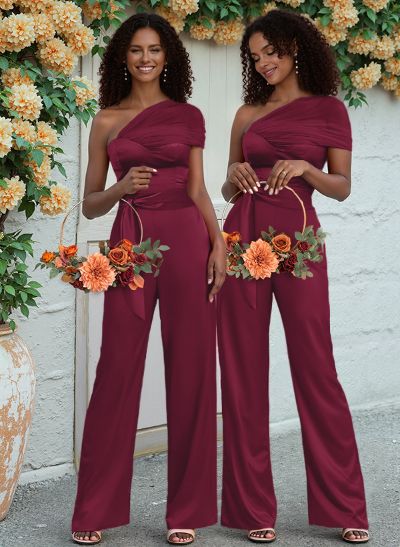 Jumpsuit/Pantsuit One-Shoulder Floor-Length Silk Like Satin Bridesmaid Dresses