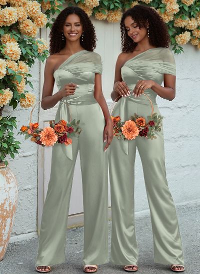 Jumpsuit/Pantsuit One-Shoulder Floor-Length Silk Like Satin Bridesmaid Dresses